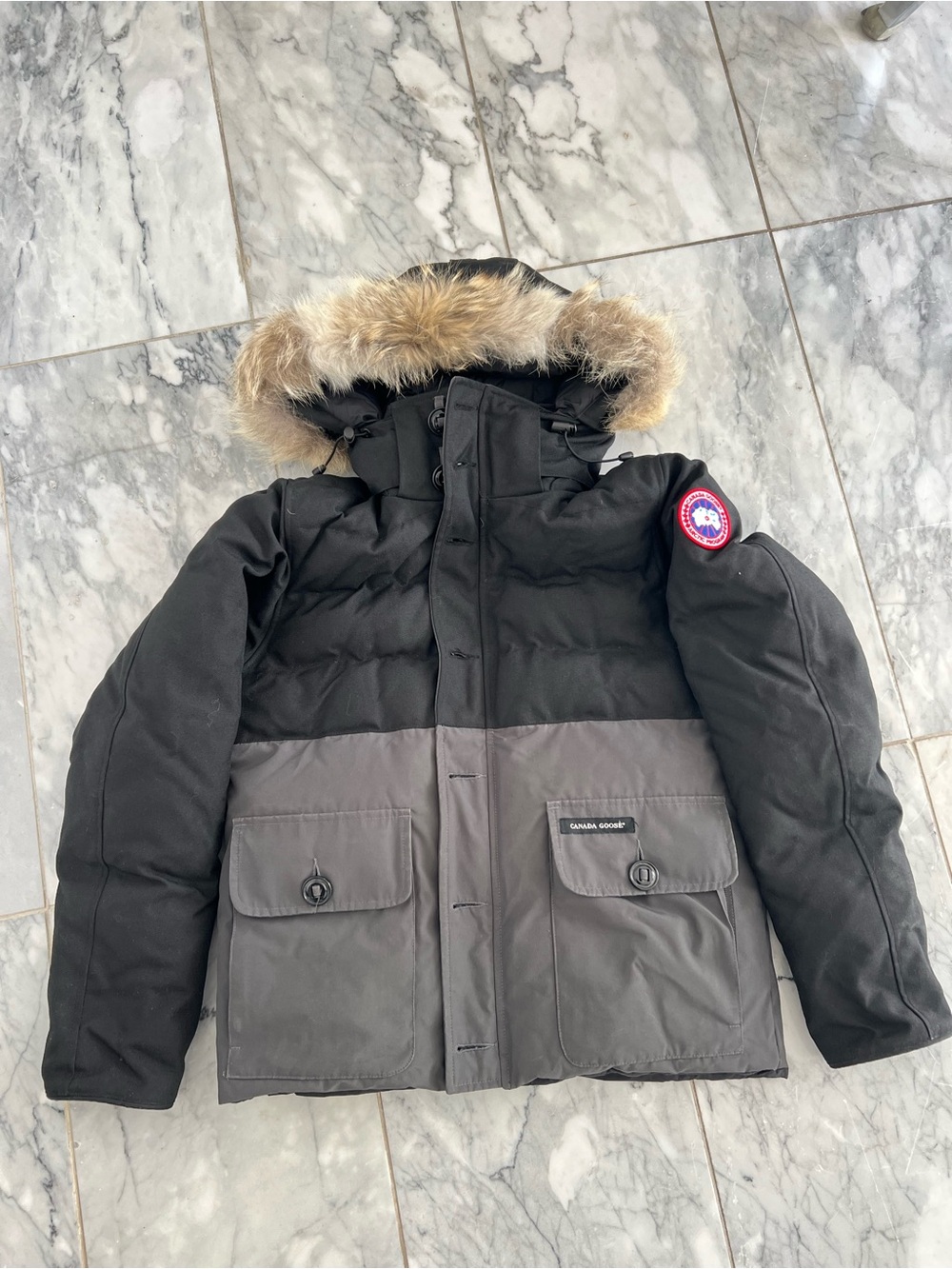 Canada Goose Men’s Black and Gray Woodland Parka with Fur-Trim Hood